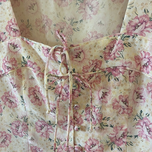 INTERMIX Women's Floral Blouse Pink And Yellow With Ties And Ruffles Size 4 - Picture 5 of 5